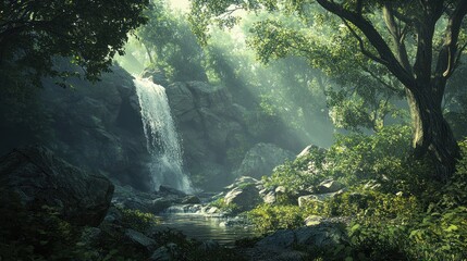 Serene Waterfall Cascading Through Lush Green Forest