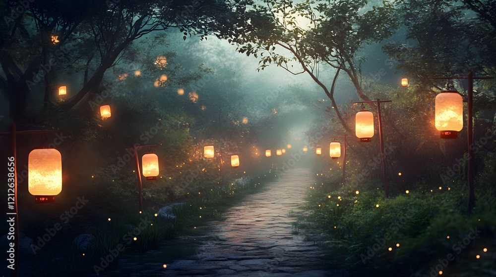 Poster Enchanted Pathway Lined with Lanterns and Fireflies in a Mystical Forest at Twilight, Capturing an Ethereal Atmosphere of Natural Serenity and Magic