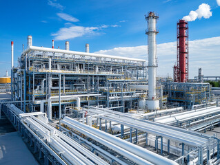 A large industrial refinery or chemical plant with extensive piping, storage tanks, and a tall chimney, under a clear blue sky.