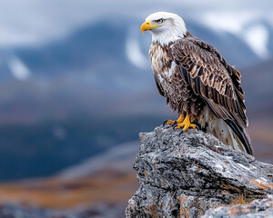 Fototapeta premium World Wildlife Day, Endangered Species Conservation, majestic eagle perched on rocky cliff, showcasing its powerful presence and sharp gaze