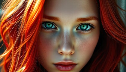Obraz premium Redhead woman with vibrant green eyes captivating gaze