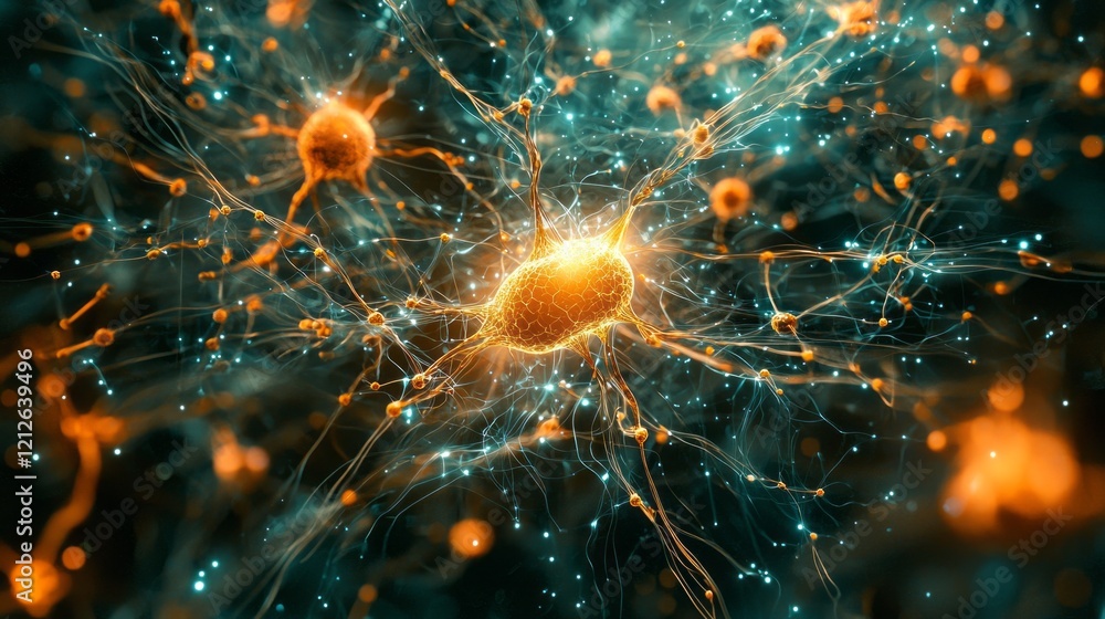 Aufkleber Intricate neural connections shimmer brightly against a dark backdrop, showcasing a dynamic web of activity within the human brain. This captivating display reveals the complexity of mental processes