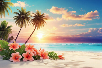 Obraz premium Tropical beach paradise, golden sunset, palm trees silhouette, turquoise ocean, white sandy shore, vibrant pink hibiscus flowers, lush green foliage, fluffy clouds, warm sunlight, serene atmosphere, 