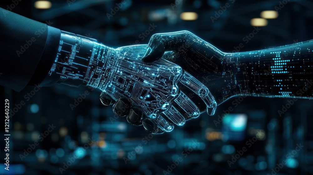 Poster robotic hands shake representing technological collaboration