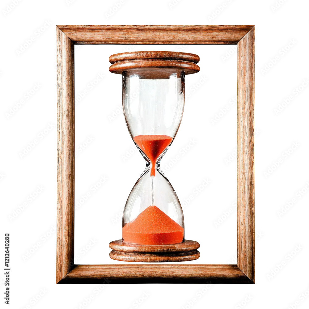 Poster hourglass with red sand inside on a wooden surface creating a striking visual contrast and timeless 