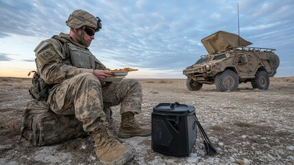 Soldier Eating Meal Near Military Vehicle in Arid Landscape