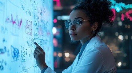 Scientist Woman Analyzing Data On Interactive Whiteboard