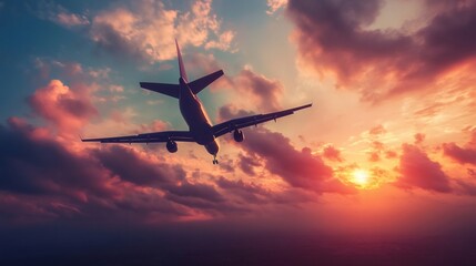 Naklejka premium Passenger airplane flying over dramatic sunset sky