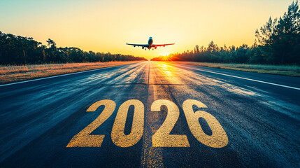 Airplane Taking Off on Runway with 2026 Painted on Tarmac at Sunset