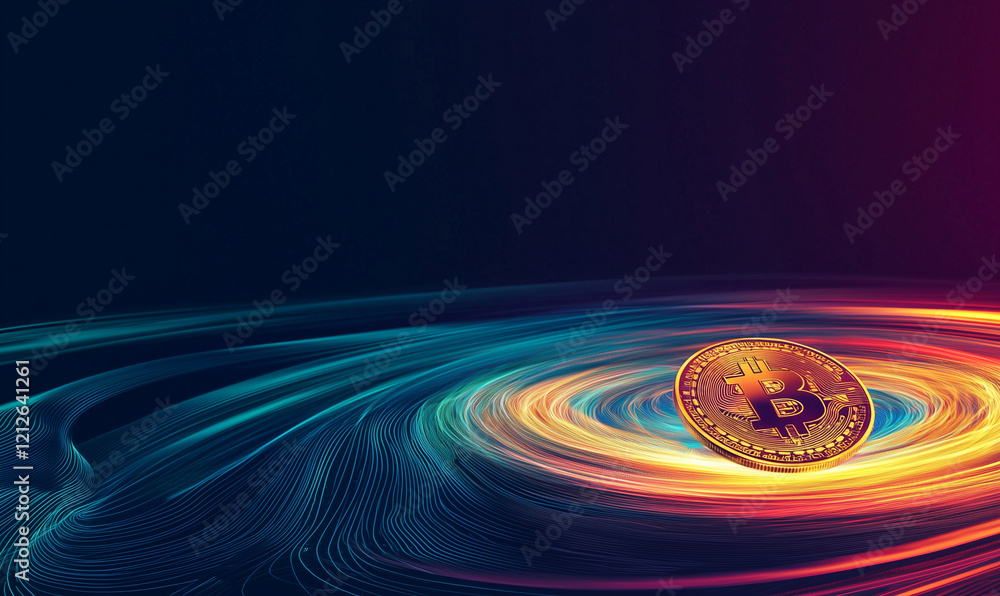 Poster digital representation of a glowing cryptocurrency coin surrounded by swirling patterns of light.