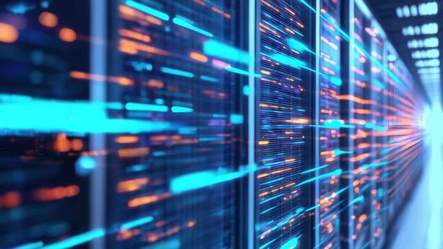 Futuristic data stream in hightech server room with digital lights and dynamic motion