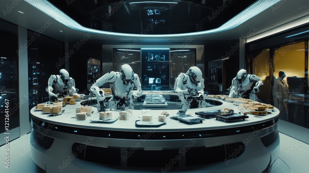 Poster Robots Working Together in a Futuristic Office Setting