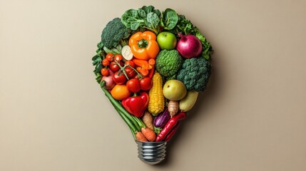 A lightbulb shape formed with various colorful fruits