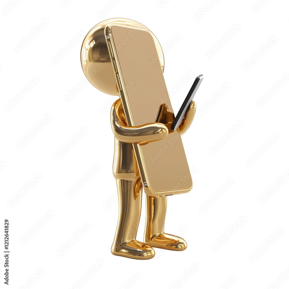 Poster a 3d rendered golden figure holds a large gold smartphone and a smaller black one, illustrating mobi