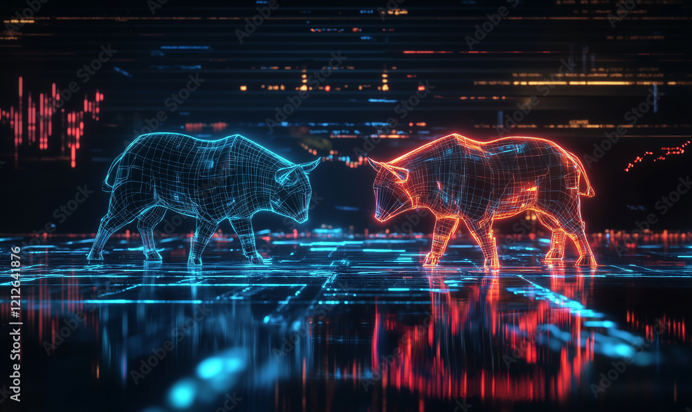 Poster digital bulls in blue and red clash in an abstract, futuristic environment with glowing lines and pa