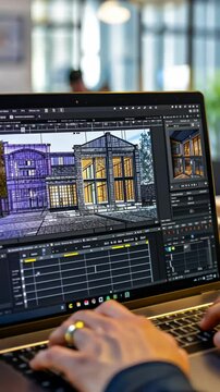 Laptop screen with 3D modeling software for interior design