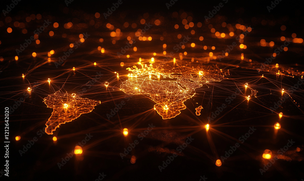 Poster global network illuminated by glowing connections and geographic outlines.