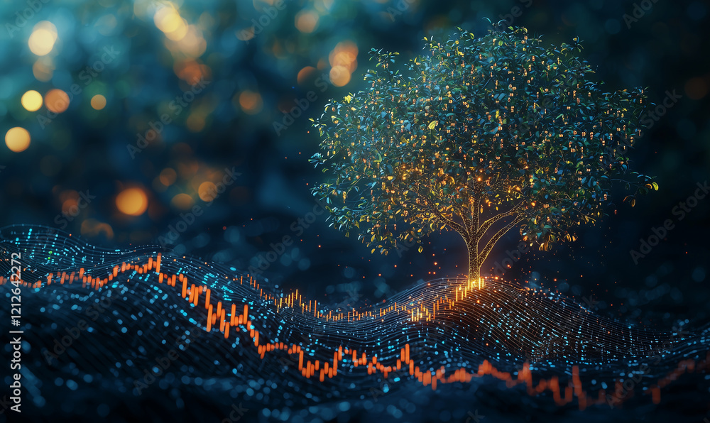 Poster a glowing tree surrounded by vibrant data patterns on a dark background.