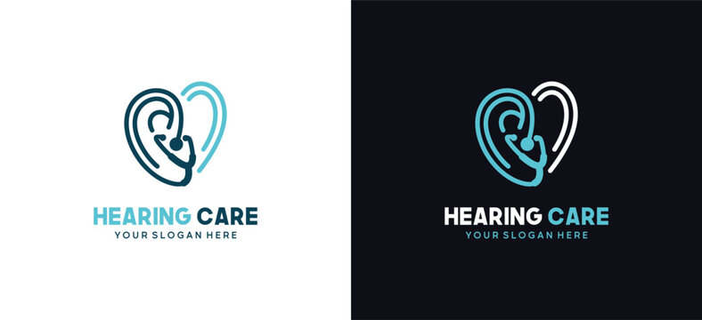 Human ear logo design with heart shaped stethoscope icon symbol creative line style