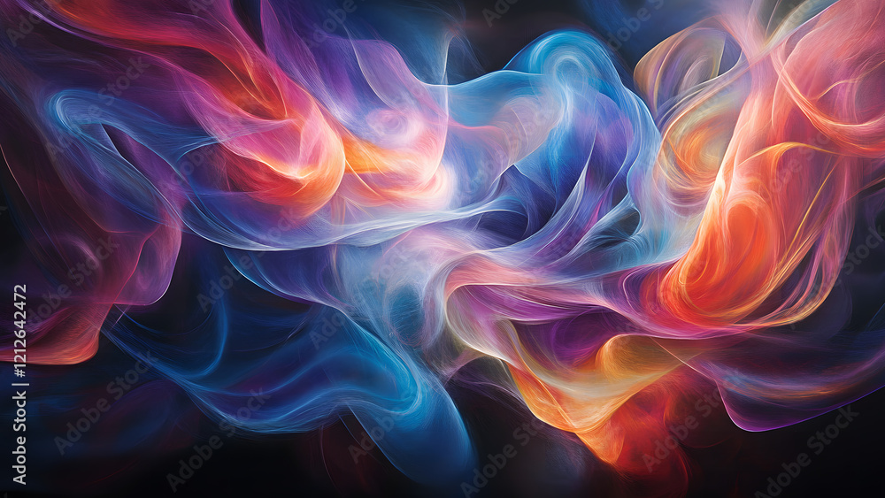 Poster create an abstract art piece featuring vibrant smoke background with colorful textures and flowing s