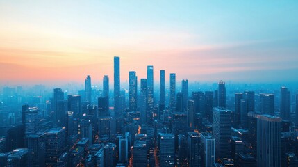 Fototapeta premium Electric Grid Renewable Energy Energy Storage concept. Futuristic High Angle Cityscape Powered by Renewable Energy at Dusk