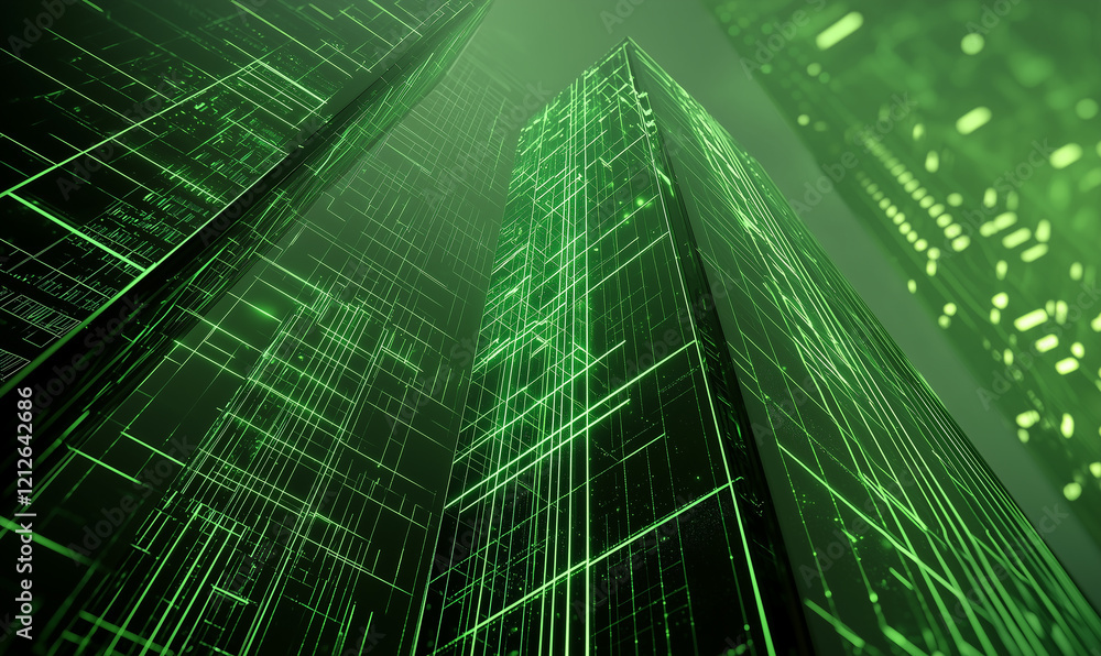 Poster futuristic green cityscape with skyscrapers and digital elements creating a tech-inspired atmosphere