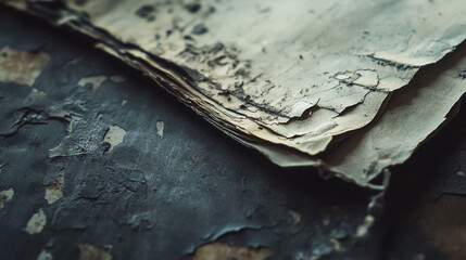 Obraz premium Worn and faded papers stacked on a rustic wooden surface showcasing textures and history