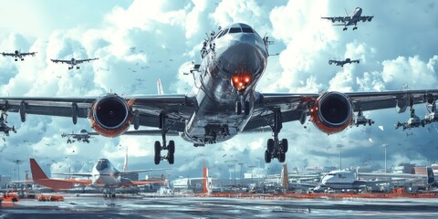 Large passenger airplane landing on a crowded airport runway