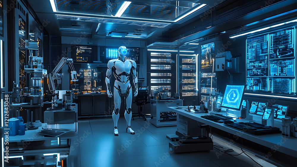 Poster design a sleek futuristic humanoid robot in a room full of computers and advanced technology for a s