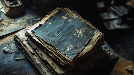 Stacks of worn, ancient papers sit on a dusty table in a dimly lit room
