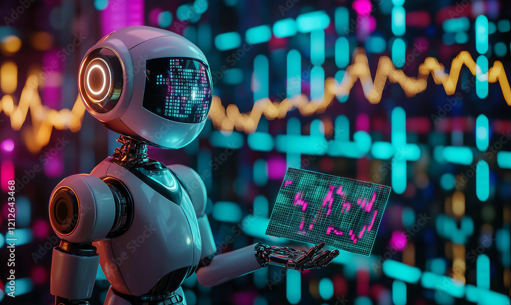 Poster a futuristic robot holds a digital screen surrounded by vibrant data visualizations.