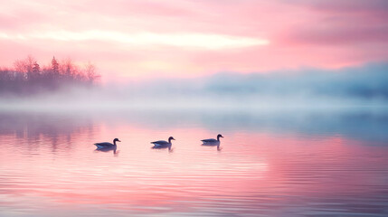 Fototapeta premium Pink Sunrise over Misty Lake with Geese: Serene Nature Scene