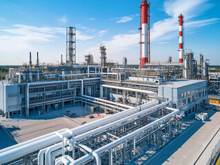 A large industrial refinery or chemical plant with extensive piping, storage tanks, and a tall chimney, under a clear blue sky.