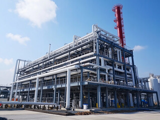 A large industrial refinery or chemical plant with extensive piping, storage tanks, and a tall chimney, under a clear blue sky.