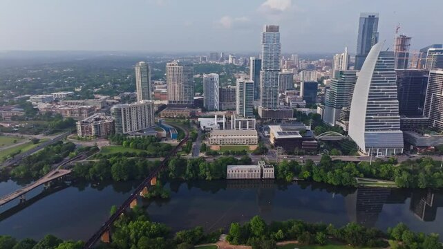 Austin downtown 4k aerial, including Block 185, The Independent and railway bridge