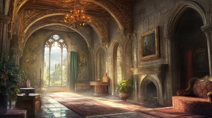 Fototapeta premium Sunlit Medieval Hallway With Antique Furnishings And Artwork
