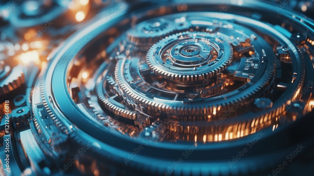 Poster Intricate metallic gears rotating in complex mechanism