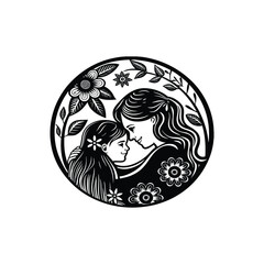  Happy mother's day. Mom hugs her daughter silhouette style vector line art.