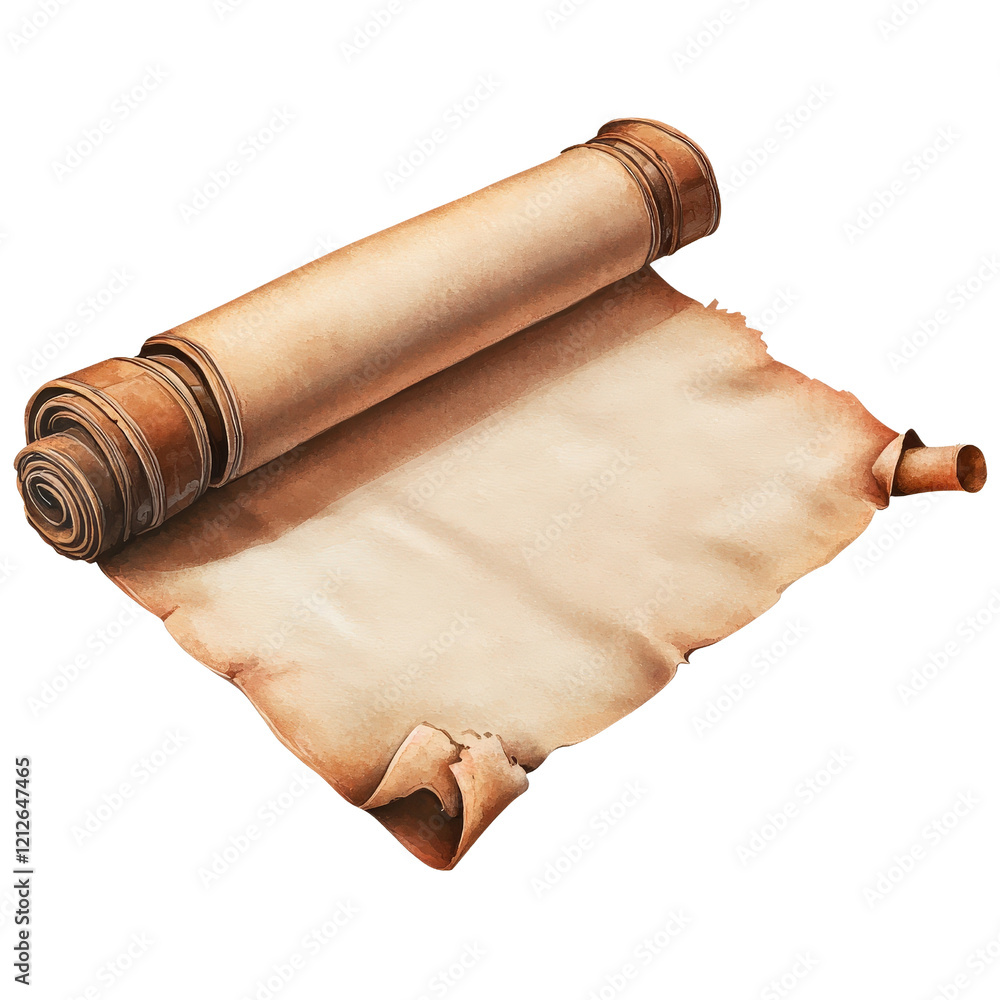 Poster scroll roll of parchment paper on a wooden table with natural lighting and shadow effect isolated on