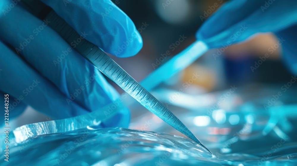 Poster Gloved Hands Using Precision Instruments on a Blue Surface