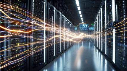 High-Speed Data Flow Through a Modern Data Center with Illuminated Server Racks
