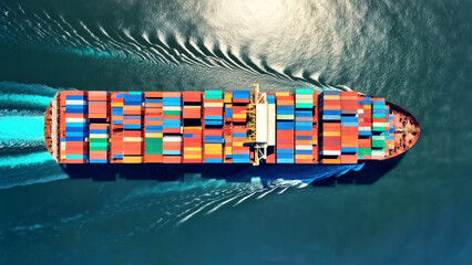 Global Shipping: Aerial View of a Fully Loaded Cargo Ship Navigating the Open Seas with Vibrant Containers