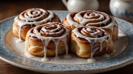 A plate of freshly baked cinnamon rolls drizzled with icing, perfect for a sweet treat.