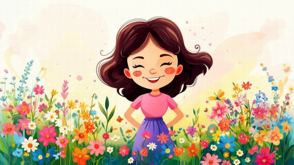 Joyful Girl in a Blooming Meadow: A Celebration of Happiness, Nature, and Vibrant Spring Colors