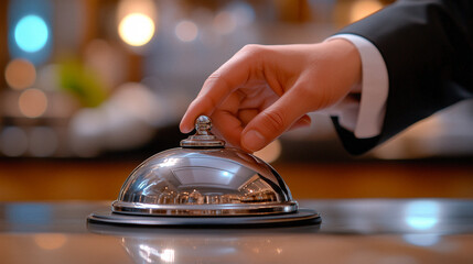 Hand Pressing Service Bell on Reflective Surface