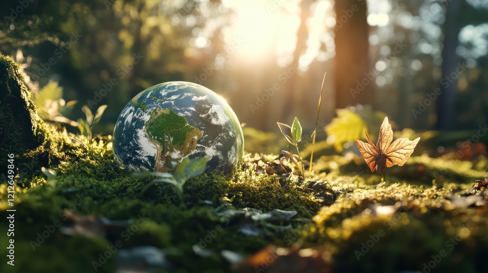 Poster small globe resting on the ground surrounded by trees in a forest environment