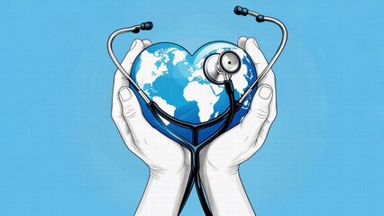 Global Health Care: Hands Cradling a Heart-Shaped Earth with a Stethoscope Symbolizing Well-Being