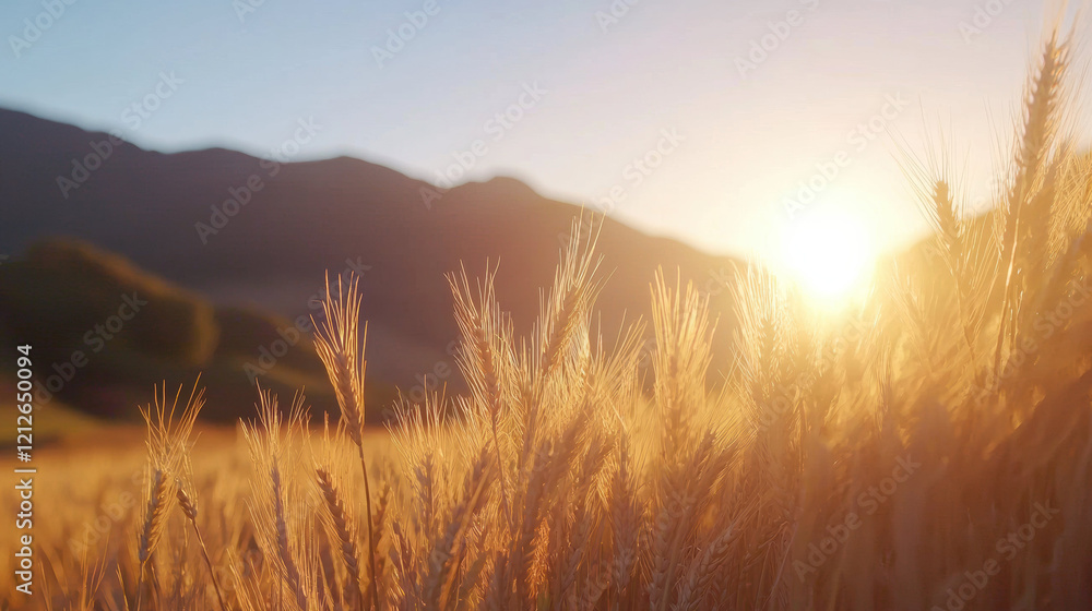Poster golden wheat field swaying gently in breeze at sunset, creating serene atmosphere
