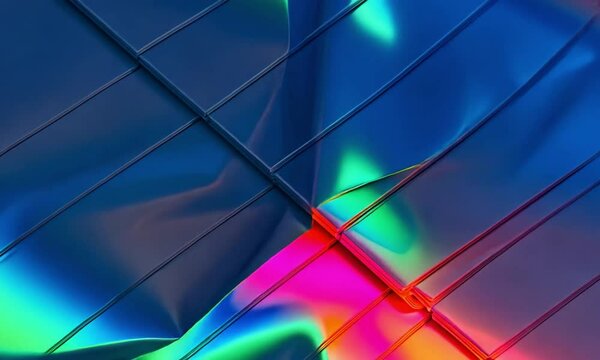 A glossy crumpled paper surface with neon hues reflecting dynamically, giving a holographic, prism-like appearance