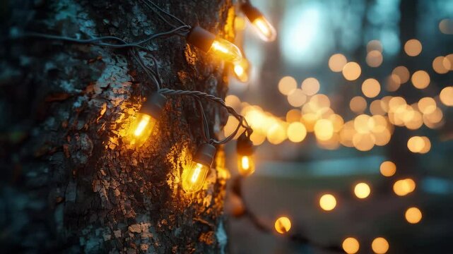 Enchanting forest glow: warm string lights on trees creating magical evening atmosphere
